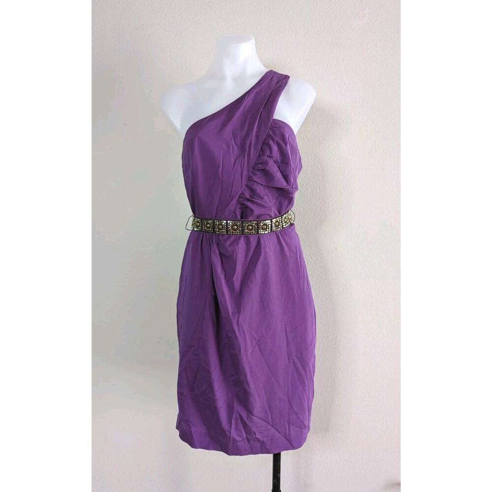TRINA TURK Wedding Guest Dress Purple Silk One Shoulder 8 Beaded Sleeveless C2